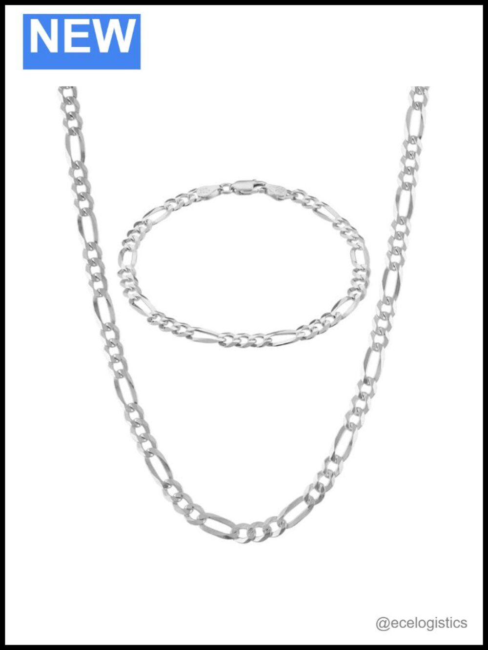 925 Sterling Silver Figaro Link Chain Necklace & Bracelet Set